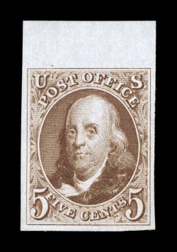 3, 5c Red brown reproduction, without gum as issued, a truly superb example, boasting large to enormous margins all around, including a sizable 7mm sheet margin at top, prooflike
color and impression on brilliantly fresh paper, an extremely fine