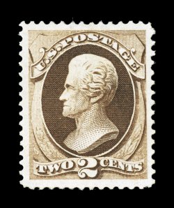 157, 2c Brown, flawlessly centered within lavishly large margins, rich luxuriant color, full clean o.g., lightly hinged, an extremely fine gem easily one of the finest existing
mint examples of the Two Cent Continental Bank Note 1979 and 2002