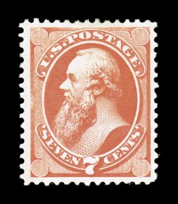 160, 7c Vermilion, a wonderfully choice mint example of this scarce Bank Note, possessing an incredible overall brilliance few others can boast, with intensely rich color and a
deeply etched impression, plus it is extraordinarily well centered w