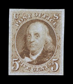 3, 5c Red brown reproduction, without gum as issued, large even margins all around, rich bright color and a crisp impression, extremely fine a highly desirable example 1995 PF
certificate.