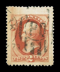 183, 2c Vermilion, an amazing used single, sporting absolutely mammoth margins and being incredibly well centered within these giant borders, strong color, duplex cancel,
extremely fine one of the largest margined Bank Note stamps we have eve