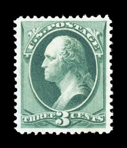 184, 3c Green, excellent centering within uncommonly wide margins, strong rich color, o.g., very lightly hinged, extremely fine 1982 PF certificate for a pair, this being the
left stamp.