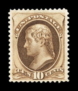 188, 10c Brown, with secret mark, far better centering within much larger margins than typically found on this scarce and difficult stamp, sumptuously rich color and a well
defined impression, o.g., lightly hinged, choice very fine 2000 and 200