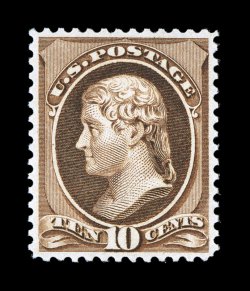 209, 10c Brown, a lovely post office fresh mint single, deep rich color and a well incised impression, exceedingly well centered, unblemished o.g., never hinged, extremely fine
1984 PF certificate and a 2007 PSE certificate (XF 90 SMQ $1,650
