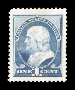 212, 1c Ultramarine, striking jumbo mint single, possessing gigantic margins all around and being exceedingly well centered within these remarkable borders, rich fresh color,
o.g., lightly hinged, extremely fine one of the largest margined exam