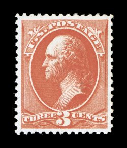 214, 3c Vermilion, extraordinarily large and well balanced margins all around, deep vibrant color and a well incised impression, o.g., lightly hinged, extremely fine 2007 PSE
certificate (XF-Superb 95 SMQ $325.00).