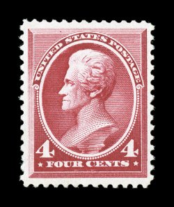 215, 4c Carmine, an incredibly select mint example, flawlessly centered within large margins, rich luxuriant color, unusually even and intact perforations all around,
unblemished o.g., never hinged, extremely fine a true gem 1993 and 2002 PF c
