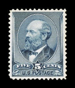 216, 5c Indigo, exceedingly well centered within large margins, bright and fresh, o.g., lightly hinged, extremely fine 2007 PF certificate (XF 90 SMQ $620.00).