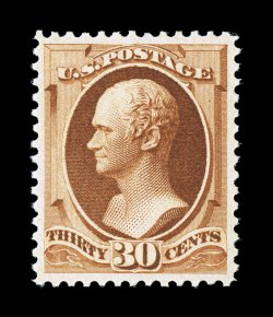 217, 30c Orange brown, excellent centering within large margins, rich luxuriant color and a deeply etched impression, pristine o.g., n.h., extremely fine a very scarce stamp in
this select never hinged condition 1985 PF certificate.