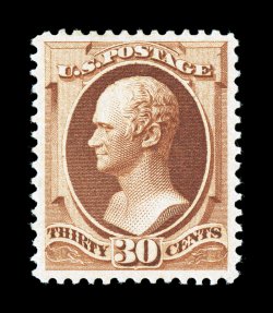 217, 30c Orange brown, particularly well centered within large margins, brilliantly rich color and a crisp impression, o.g., lightly hinged, extremely fine 1991 and 2007 PF
certificates (latter grading XF 90 SMQ $940.00).