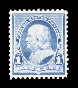 219, 1c Dull blue, exceptionally bright and fresh, excellent centering within large margins, o.g., n.h., extremely fine 1996 PF certificate (top selvage subsequently removed)
and a 2005 PSE certificate (XF 90 SMQ $360.00) ex-Gilbert.