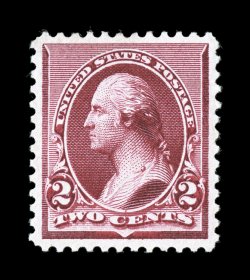 219D, 2c Lake, exceptionally well centered within uncharacteristically large margins, rich color and a strong impression, o.g., lightly hinged, extremely fine 2006 PF
certificate (XF 90 SMQ $520.00).