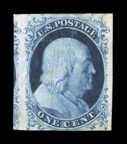 7, 1c Blue, Ty. II, three very large to huge margins, including portions of the adjoining stamps at top and left, fourth margin a bottom just barely touches the plume at left,
beautiful early color and impression that are remarkably deep and int