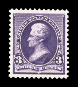 221, 3c Purple, very well centered within exceedingly large margins, deeply rich color and a crisp detailed impression, o.g., l.h., extremely fine 2007 PSE certificate (XF 90
Jumbo SMQ $195.00 for 90 and $390.00 for 95).