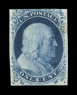 7, 1c Blue, Ty. II, lovely rich color and a well incised impression on fresh paper, a little close at top but otherwise large margins around, full clean o.g., lightly hinged,
choice very fine 2002 PF certificate.