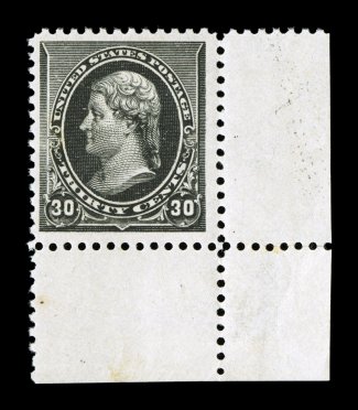 228, 30c Black, striking bottom right corner margin single, nicely centered within extra-large margins, strong fresh color and a crisp impression, pristine o.g., n.h., choice
very fine 2004 PSE certificate for a block of four, this being the bo