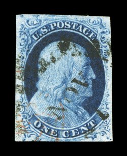 7 var., 1c Blue, Ty. II, Plate 3, a premium quality used example of the scarce Plate 3, with distinctive deep luxuriant color and a razor-sharp impression on fresh white paper,
mostly large margins all around, black town c.d.s. and a light red t