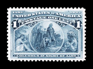 230, 1c Columbian, a highly select mint single, marvelously well centered within wide margins, lovely fresh color on bright white paper, pristine o.g., n.h., extremely fine 2007
PSE certificate (XF-Superb 95 SMQ $660.00).