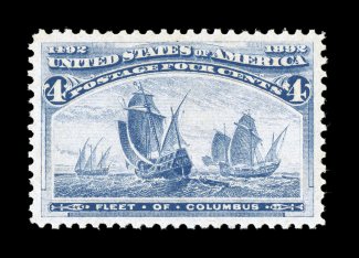 233, 4c Columbian, a superlative mint single, being in a condition that is almost never encountered, with flawless centering amid uncommonly large margins, sumptuously rich
color and a well defined impression on crisp white paper, immaculate o.g