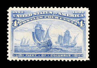 233, 4c Columbian, especially well centered within uncharacteristically large margins, rich fresh color, unblemished o.g., n.h., extremely fine 2007 PSE certificate (XF 90 SMQ
$660.00).