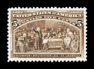 234, 5c Columbian, marvelously well centered amid exceedingly large margins, strong rich color and a sharp impression, o.g., n.h., extremely fine an exceptionally choice example
2004 PF certificate and a 2005 PSE certificate (bottom selvage si