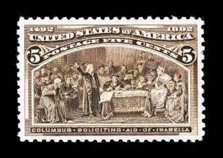 234, 5c Columbian, a highly select mint single, precisely centered within large margins, rich luxuriant color and a highly detailed impression, o.g., n.h., extremely fine gem
1990 and 2002 PF certificates, as well as a 2006 PSE certificate (XF-