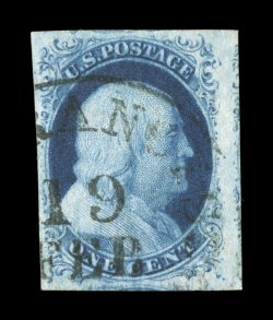 7 var., 1c Blue, Ty. II, Plate 3, full to mostly very large margins all around including portions of the adjoining stamps a top, right and bottom, beautiful rich color in the
characteristic Plate 3 shade, sharp impression on fresh white paper, n