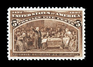 234, 5c Columbian, an especially choice mint single, possessing stunning deep prooflike color and impression on fresh white paper, excellent centering within very large margins,
fresh clean o.g., n.h., extremely fine gem a stamp with outstandin