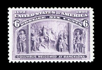 235, 6c Columbian, an extraordinarily choice mint single, being marvelously well centered amid especially large margins, lovely fresh color and a clean impression on bright
paper, o.g., n.h., extremely fine the Six Cent Columbian is rarely seen