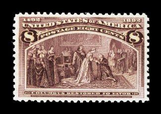 236, 8c Columbian, very well centered within large margins, deep rich color and a well incised impression, brilliant o.g., n.h., extremely fine 1996 PF certificate and a 2006
PSE certificate (XF 90 SMQ $620.00).