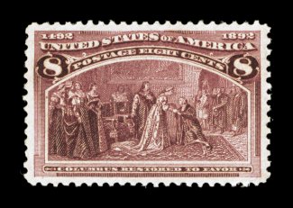 236, 8c Columbian, exceptionally well centered within large margins, deep rich color and a sharp impression, o.g., very lightly hinged, extremely fine 2007 PSE certificate
(XF-Superb 95 SMQ $275.00).