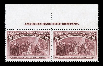 236, 8c Columbian, attractive top margin imprint pair, nicely centered and margined, rich color, trivial thin in the top left of the selvage only, o.g., n.h., choice very fine
2007 PSE certificate for the strip of four from which this came.