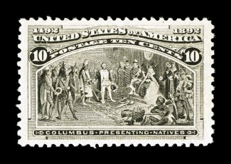 237, 10c Columbian, extraordinarily well centered within remarkably wide margins, exceedingly bright and fresh, pristine o.g., n.h., extremely fine gem a particularly handsome
never hinged Ten Cent Columbian in outstanding condition 2002 PF c