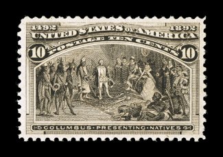237, 10c Columbian, exceptionally well centered, strong rich color and a crisp detailed impression, o.g., n.h., extremely fine 1997 PF certificate and a 2007 PF certificate (XF
90 SMQ $1,150.00).