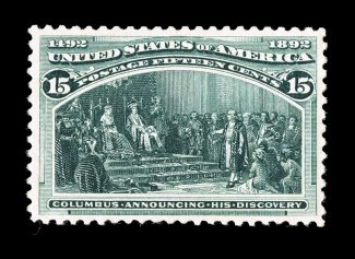 238, 15c Columbian, very well centered, rich color and a strong impression, o.g., n.h., extremely fine 1999 PF certificate and a 2007 PF certificate (VF-XF 85 SMQ
$1,200.00).