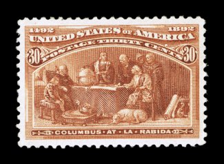 239, 30c Columbian, enormously large and perfectly balanced margins, rich luxuriant color and a crisp impression, o.g., lightly hinged, extremely fine a particularly handsome
and choice stamp 2006 PSE certificate (XF-Superb 95 Jumbo SMQ $870.