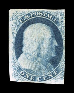 8, 1c Blue, Ty. III, a rarely seen unused example, with strong rich color and a well defined impression, three large margins, just into the design at right, tiny thin specks,
certificate also mentions soiled which is practically non-existent,