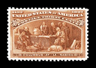 239, 30c Columbian, beautiful rich color and a vivid impression on fresh paper, exceptionally well centered within large margins, o.g., n.h., extremely fine and quite choice
1998 PF certificate for a pair, this being the bottom stamp, and a 200