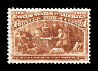 239, 30c Columbian, well centered within large margins, especially strong color and impression, o.g., n.h., extremely fine 1998 PSE certificate, 1999 PF certificate and a 2007
PF certificate (VF-XF 85 SMQ $1,400.00).