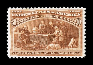 239, 30c Columbian, very well centered within wide margins, lovely rich color and a strong impression, o.g., very lightly hinged, extremely fine 1981 PF
certificate.