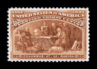 239, 30c Columbian, especially well centered and margined, rich color and a strong impression, o.g., lightly hinged, choice very fine 1980 PF certificate.