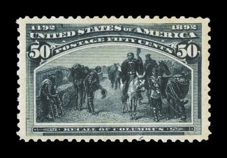 240, 50c Columbian, very well centered within extravagantly large margins, deep prooflike color and impression, o.g., relatively lightly hinged, extremely fine encapsulated PSE
certificate (XF 90 SMQ $1,000.00).