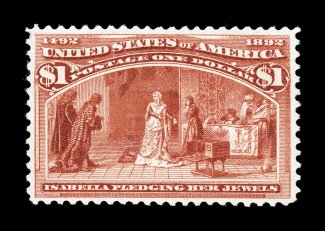 241, $1.00 Columbian, exceptionally well centered and margined, brilliant intense color and a clean impression on fresh white paper, o.g., lightly hinged, extremely fine 1980 PF
certificate.