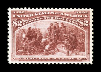 242, $2.00 Columbian, excellent centering, brilliantly rich color and an especially strong impression, o.g., lightly hinged, partly reperforated at top, extremely fine
appearance 2007 PF certificate.