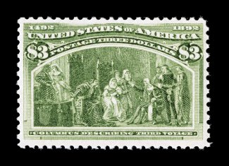 243, $3.00 Columbian, an incredibly fresh and bright mint example, with radiant yellow green color and a crisp clean impression, wonderfully well centered, unusually even
perforations all around, pristine full o.g. with just the barest trace of