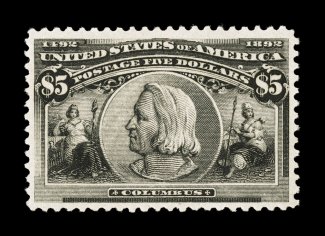 245, $5.00 Columbian, premium quality mint single of this popular high value, exceptionally fresh, with strong color and a well defined impression on crisp white paper,
exceedingly well centered within uncommonly large margins, o.g., lightly hin