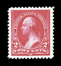 250, 2c Carmine, Ty. I, an eye-catching mint single, featuring dazzling intense color and a prooflike impression on pristine white paper, plus it is exceedingly well centered
within enormously large margins, o.g., n.h., extremely fine a stunnin