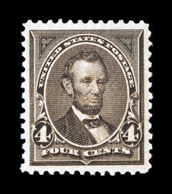 254, 4c Dark brown, an incredibly choice mint example, with extravagantly large and wonderfully well balanced margins all around, sumptuously rich color and a crisp impression,
o.g., n.h., an extremely fine large-margined gem photocopy of a 199