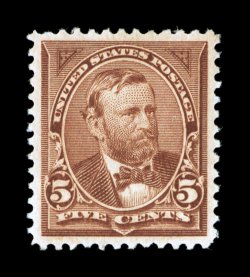255, 5c Chocolate, extraordinarily well centered within large margins, rich luxuriant color and a strong impression, o.g., lightly hinged, extremely fine 2007 PSE certificate
(XF-Superb 95 SMQ $530.00).