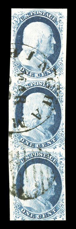 9, 1c Blue, Ty. IV, used vertical strip of three, being positions 72R1-92R1, beautiful rich color and a sharp impression on bright white paper, large margins all around except a
little close at bottom, neatly stuck c.d.s. pmk. and matching grid